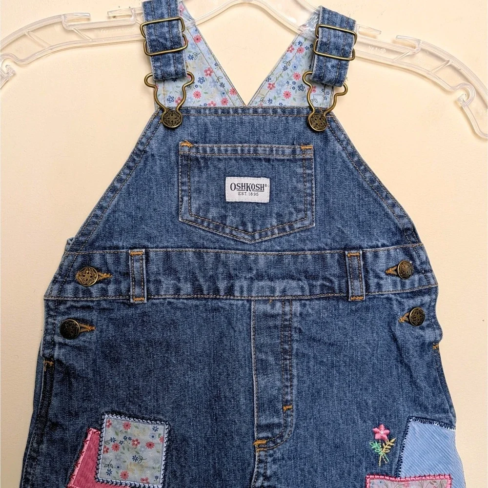 Oshkosh B'gosh Girls Vintage Y2K Denim Patchwork Bib Overalls Jumper Size 2T
